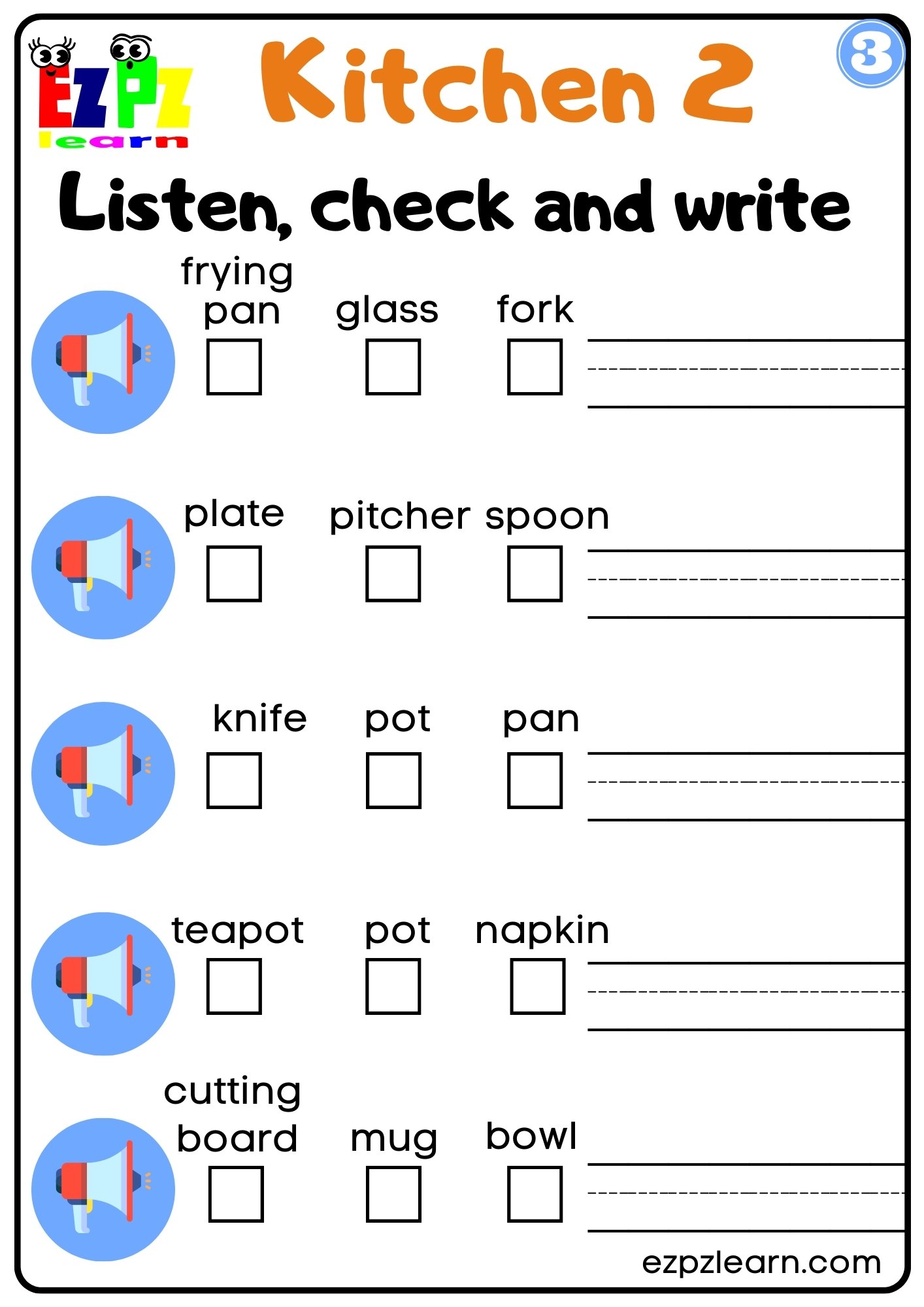 Kitchen Objects Vocabulary Interactive Worksheet Listen, Check and